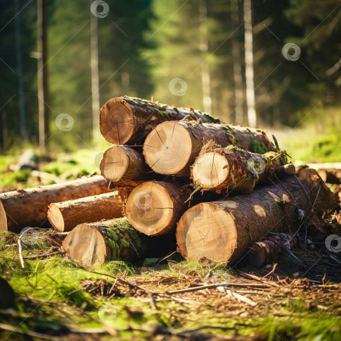 Скачать Крупный план срубленных и распиленных стволов деревьев, сложенных штабелями на окраине леса. фотосток Ozero