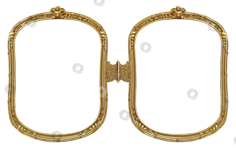 Скачать Двойная золотая овальная рамка (диптих) для картин, зеркал или фотографий, выделенных на белом фоне. Элемент дизайна с контуром отсечения фотосток Ozero