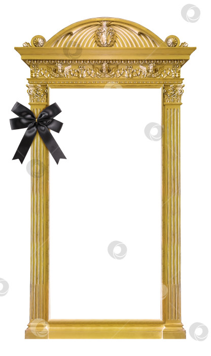 Скачать Золотая рамка с черным траурным бантом для картин, зеркал или фотографий, выделенных на белом фоне. Элемент дизайна с контуром отсечения фотосток Ozero