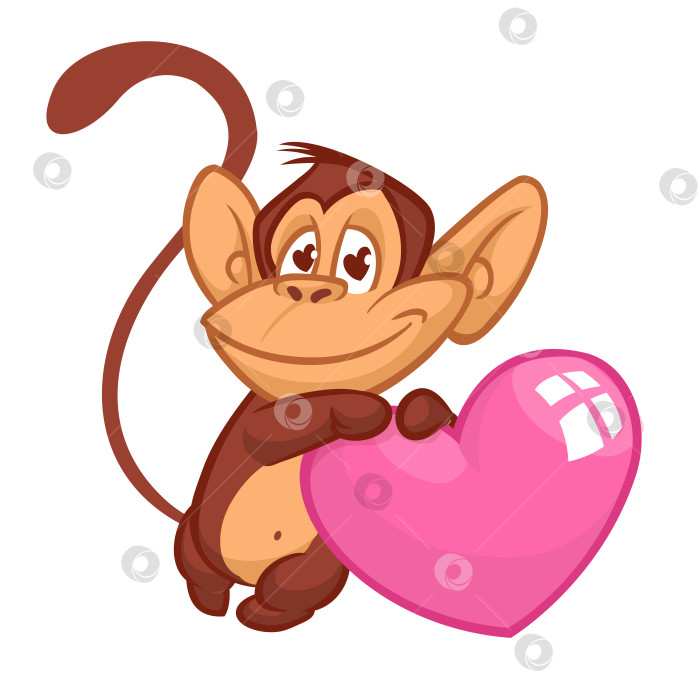 Скачать Мультяшная милая обезьянка-шимпанзе влюблена и держит в руках сердечко любви. Векторная иллюстрация ко Дню Святого Валентина. Изолированный фотосток Ozero