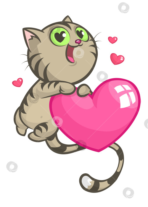 Скачать Мультяшный забавный котенок держит в руках сердечко любви. Векторная иллюстрация ко Дню Святого Валентина. Изолированный фотосток Ozero
