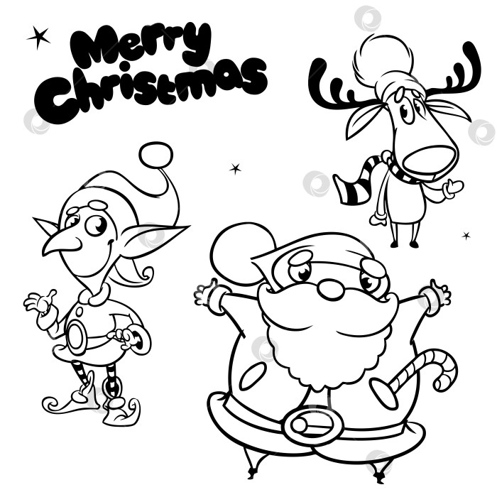 Скачать Нарисованы смеющиеся Санта-Клаус, ангел и эльф. Персонажи рождественских мультфильмов фотосток Ozero