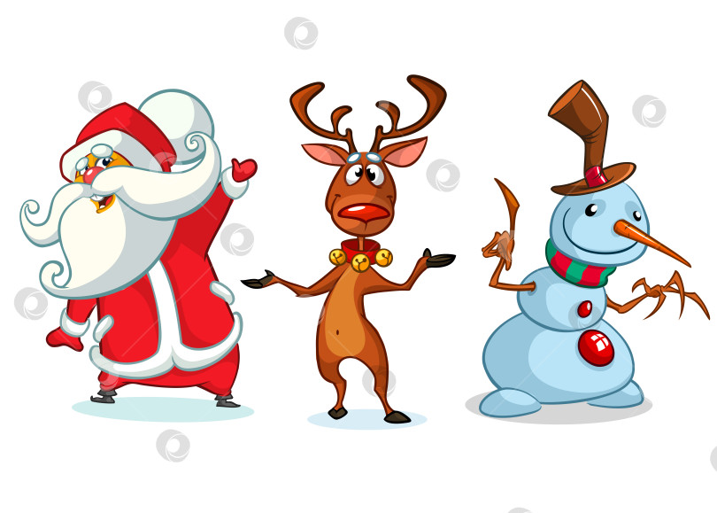 Скачать Набор рождественских мультяшных персонажей. Векторная иллюстрация рождественского северного оленя, снеговика и Санта-Клауса фотосток Ozero