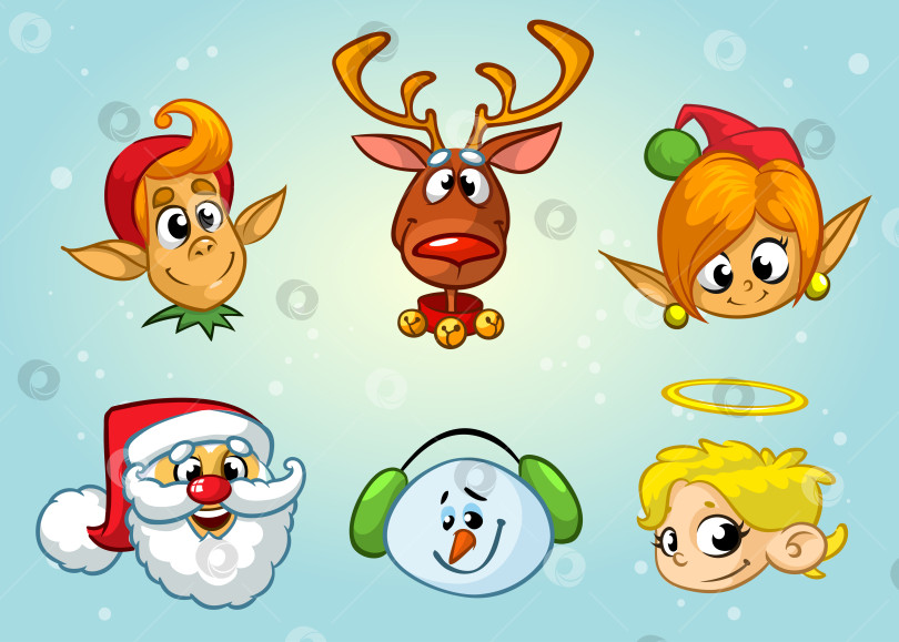 Скачать Набор рождественских персонажей. Векторные мультяшные значки Санта-Клауса, северного оленя, эльфа, снеговика, ангела фотосток Ozero