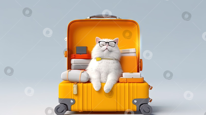 Скачать Симпатичный белый кот сидит в чемодане. Милый пушистый котенок готов к путешествию. Сгенерированный искусственный интеллект. фотосток Ozero