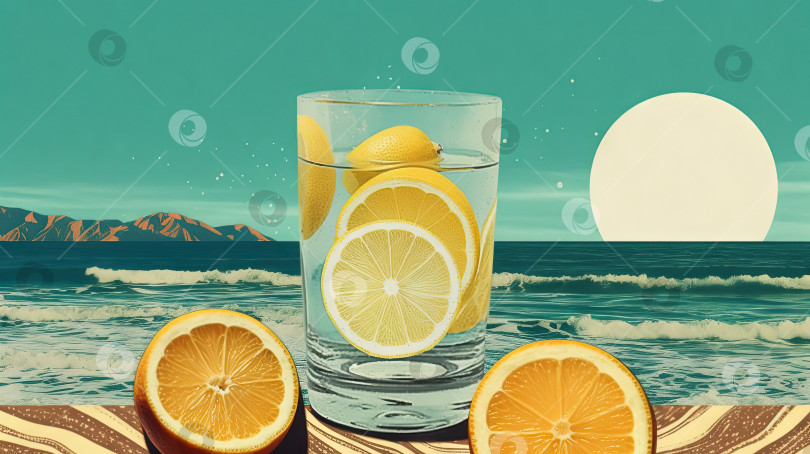 Скачать Стакан с лимонной водой на песке пляжа. Сцена отдыха со стаканом лимонада на берегу. Генеративный искусственный интеллект. фотосток Ozero