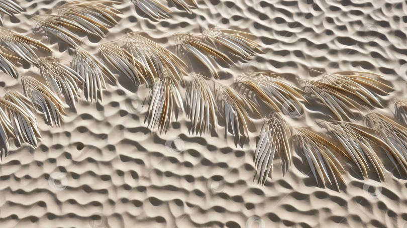Скачать Листья сливы на фоне тропического пляжного песка. Концепция отдыха и релаксации с сухими пальмовыми листьями на жарком летнем пляже. Сгенерированный искусственный интеллект. фотосток Ozero