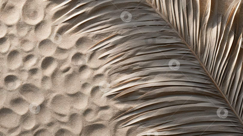 Скачать Листья сливы на фоне тропического пляжа с песком. Концепция отдыха и релаксации с сухими пальмовыми листьями на жарком летнем пляже. Сгенерированный искусственный интеллект. фотосток Ozero