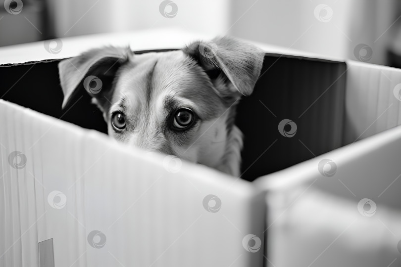 Скачать Домашние животные в стрессе. Испуганная собака прячется в картонной коробке. Концепция переезда с домашними животными. Крупный план собаки в состоянии стресса в новой квартире с распакованными коробками. Домашние животные, испытывающие стресс в день переезда, переезд фотосток Ozero
