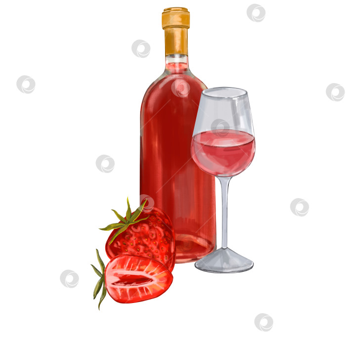 Скачать Акварельная иллюстрация изолированной бутылки красного вина и бокала на белом фоне. Романтика, свидание, целая клубника. Акварельная композиция для винодельни фотосток Ozero