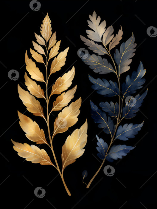 Скачать Акварельные ветви с золотыми листьями на темном фоне. Золотые осенние листья на ветке, выделенные на темном фоне, вертикальная акварельная иллюстрация. Роскошный баннер "осенние листья" золотисто-черного цвета фотосток Ozero