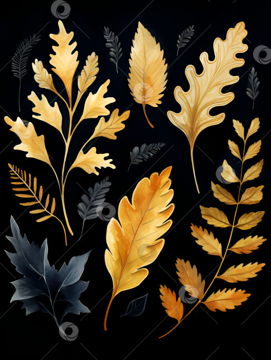 Скачать Набор золотых осенних листьев, выделенных на темном фоне. Акварельная живопись золотыми осенними листьями, вертикальная акварельная иллюстрация. Роскошный баннер "осенние листья" золотисто-черного цвета фотосток Ozero