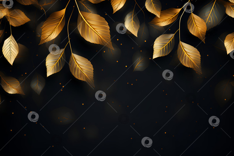 Скачать Иллюстрация с золотыми листьями на темном фоне. Золотые осенние листья, выделенные на темном фоне с пространством для копирования. Роскошный баннер "осенние листья" в золотом и черном цветах фотосток Ozero