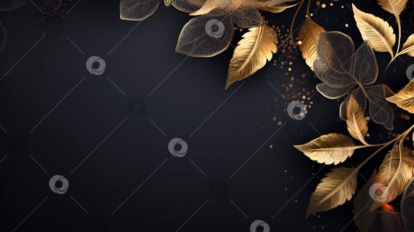 Скачать Золотые листья на темном фоне. Золотые и черные кружевные осенние листья, выделенные на темном фоне с пространством для копирования. Роскошный баннер "осенние листья" в золотистом и черном цветах фотосток Ozero