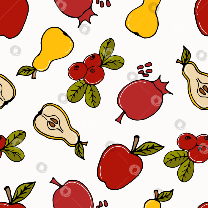Скачать узор из яблок, груш, гранатов и клюквы на белом фоне фотосток Ozero