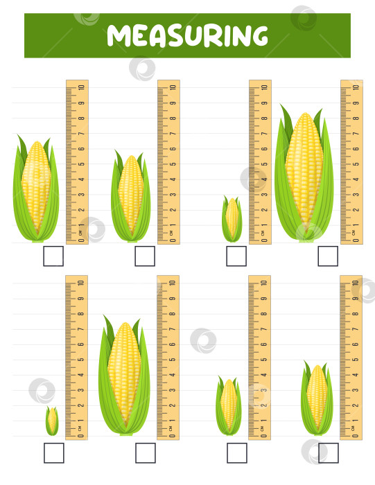 Скачать Измерьте длину линейкой. Рабочий лист для разработки образовательных программ. Игра для детей.Векторная иллюстрация. тренировочные листы.Измерение кукурузы в сантиметрах. фотосток Ozero