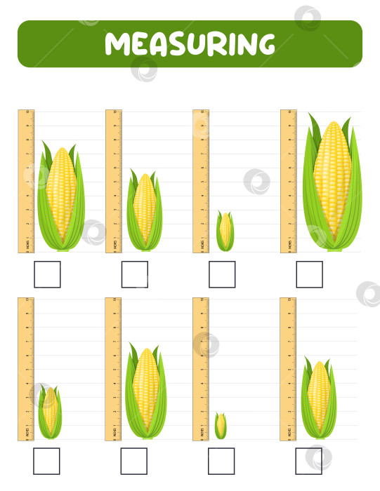 Скачать Измерьте длину линейкой. Рабочий лист для разработки образовательных программ. Игра для детей.Векторная иллюстрация. тренировочные листы.Измерение кукурузы в дюймах фотосток Ozero