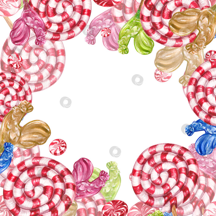 Скачать Рамка из рождественских конфет. Акварельная иллюстрация леденцов на палочке, красных, зеленых, в полоску. Праздничные конфеты. Рисунок подходит для украшения, упаковки, открыток, праздников. фотосток Ozero