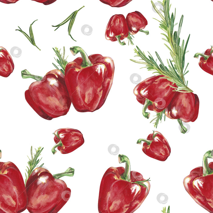 Скачать Акварельные овощи. Украсьте красным перцем и розмарином. Сладкий перец. Акварельная иллюстрация на белом фоне. Нарисованная вручную изолированная паприка из свежего красного перца. Дизайн поздравительной открытки, упаковки фотосток Ozero