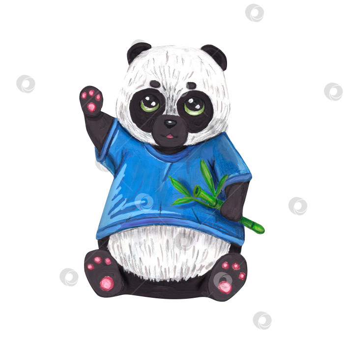Скачать Панда на белом фоне. Милая панда сидит и ест бамбук. Животное в одежде, китайская панда. Рисунок гуашью в стиле бохо лес, акварель, изображение идеально подходит для детских плакатов, ткани, обоев. фотосток Ozero