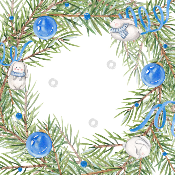 Скачать Акварельный венок с ветками рождественской елки на белом фоне. Елочные игрушки на рождественской елке. Символ нового года. Винтажная рамка из веток. Подходит для открыток, дизайна. фотосток Ozero