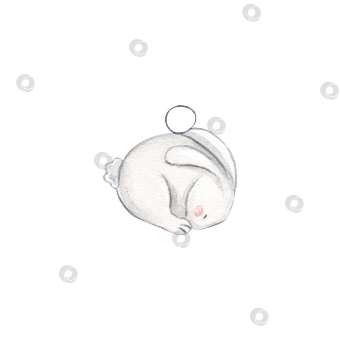 Скачать Рождественские елочные игрушки: белый кролик спит, свернувшись калачиком, на белом фоне. Акварельная новогодняя иллюстрация. Рождественские украшения. Белый Рождественский кролик. Рождество. новый год. Подходит для дизайна. фотосток Ozero