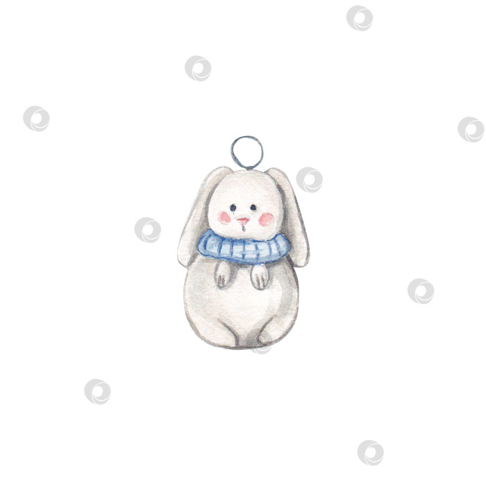 Скачать Елочные игрушки белого кролика с синим шарфом на белом фоне.Акварельная новогодняя иллюстрация. Рождественские украшения. Белый Рождественский кролик. Рождество. новый год. Подходит для дизайна. фотосток Ozero