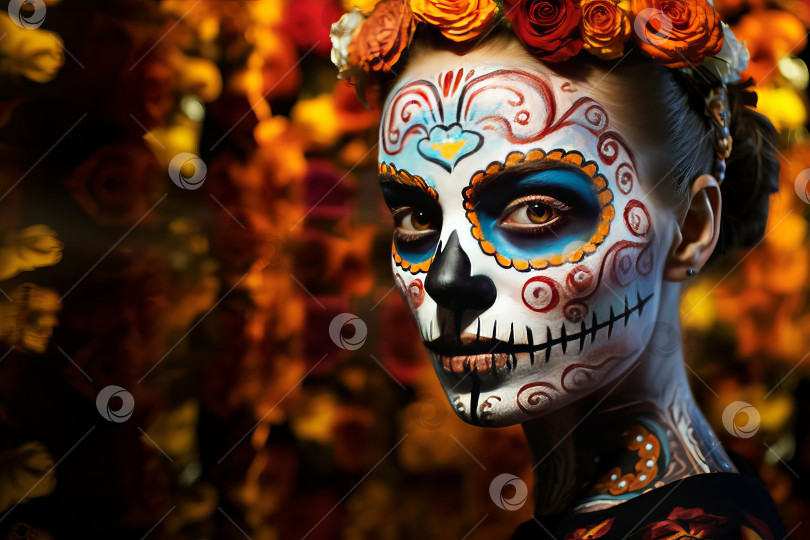 Скачать Девушка наносит на лицо макияж в виде черепа на мексиканский традиционный народный праздник День мертвых фотосток Ozero