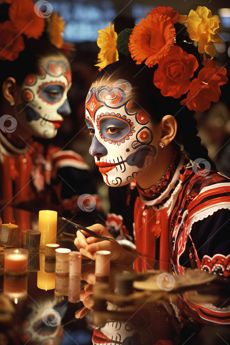 Скачать Девушка наносит на лицо макияж в виде черепа на мексиканский традиционный народный праздник День мертвых фотосток Ozero