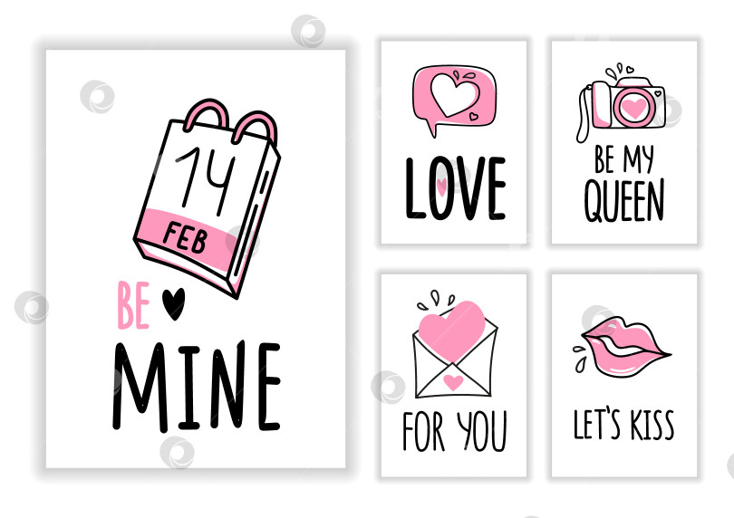 Скачать Симпатичные наклейки для поздравительных открыток на День Святого Валентина, изолированные на белом фоне. Для сувениров, текстиля, канцелярских принадлежностей. Векторная иллюстрация. фотосток Ozero