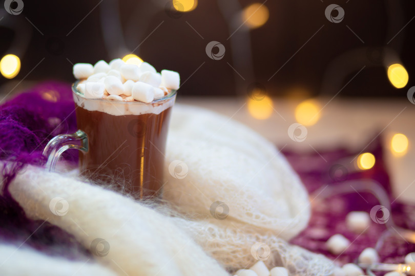 Скачать Какао с зефиром, завернутым в вязаные свитера, на фоне новогодних огней фотосток Ozero