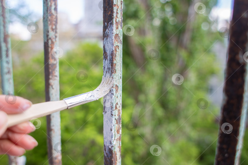 Скачать Процесс покраски ржавых облупившихся прутьев на заборе. Мужчина рисует кистью забор, рука крупным планом фотосток Ozero