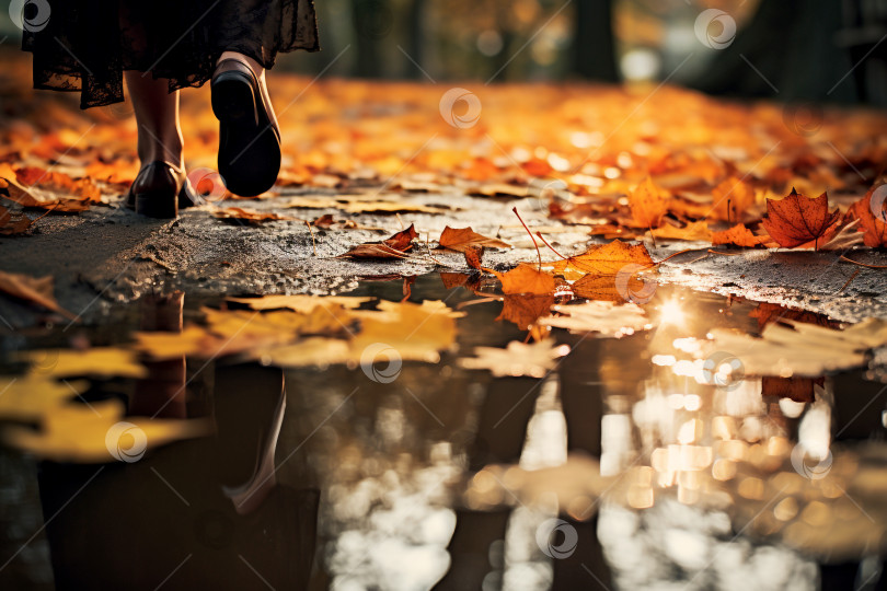 Скачать Пожилая женщина идет по мокрой дороге, усыпанной осенними листьями фотосток Ozero