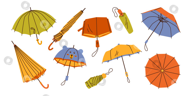 Скачать Установите различные формы зонтиков в плоском стиле, изолированные на белом фоне. Открытый, сложенный зонт-трость для ходьбы, автоматический складной и для детей фотосток Ozero