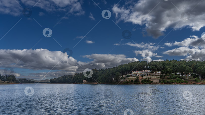 Скачать На берегу голубого озера, среди деревьев, видны дома. фотосток Ozero