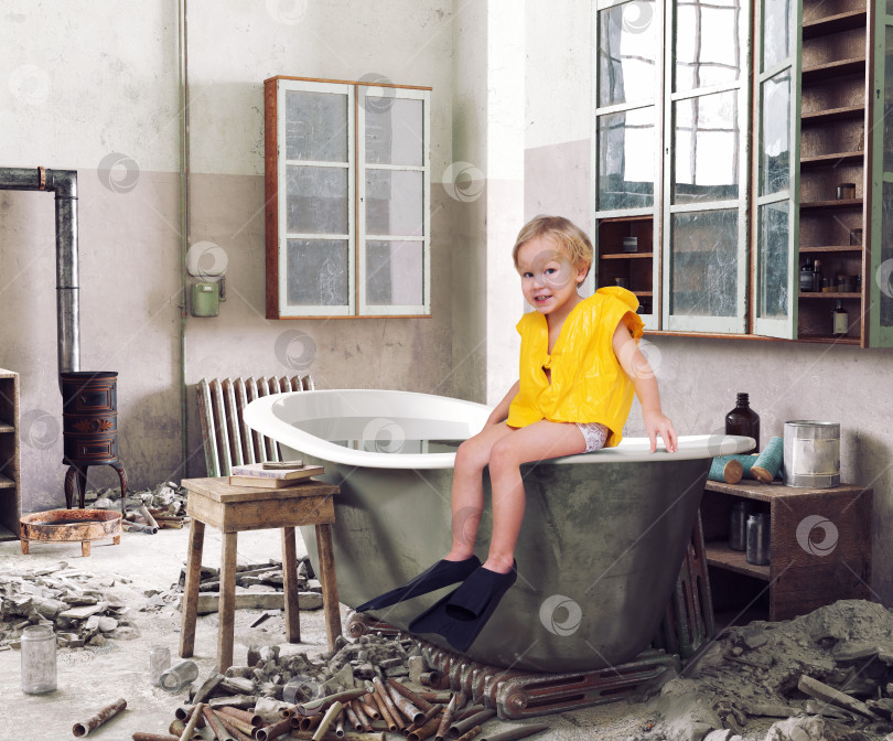 Скачать ребенок сидит на ванне в полуразрушенной заброшенной комнате фотосток Ozero