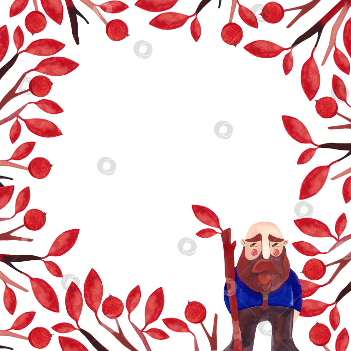 Скачать Осенняя рамка с гномом, красными листьями, ветками и ягодами. Акварельный рисунок для оформления социальных сетей и печатных материалов. Сезонный ноябрьский декор. фотосток Ozero
