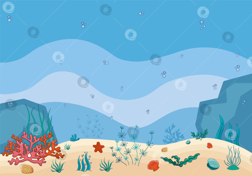 Скачать Векторная сцена подводного мира, морская флора и фауна океана. Подводный пейзаж. Океанское дно, вода и небо. фотосток Ozero