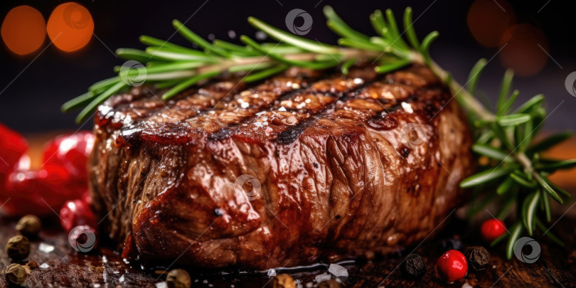 Скачать Вкусное жареное мясо в ресторане. Аппетитный стейк на столе. Порождающий искусственный интеллект фотосток Ozero