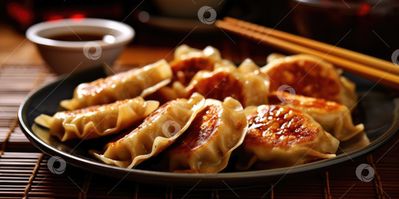 Скачать Вкусное блюдо - китайские жареные пельмени в китайском ресторане. Порождающий искусственный интеллект фотосток Ozero