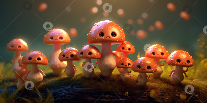 Скачать Иллюстрация забавных грибов в лесу. Сказочные грибы в стране фантазий, лесной пейзаж. Порождающий искусственный интеллект фотосток Ozero
