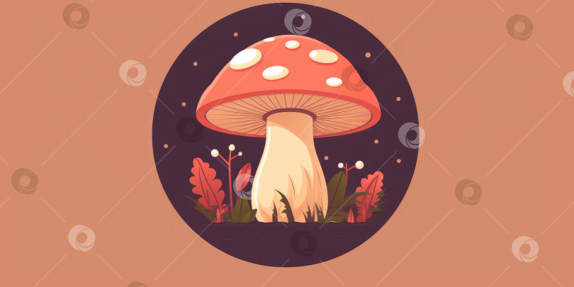 Скачать Иллюстрация забавных грибов в лесу. Фантастические грибы в таинственной стране. Порождающий искусственный интеллект фотосток Ozero