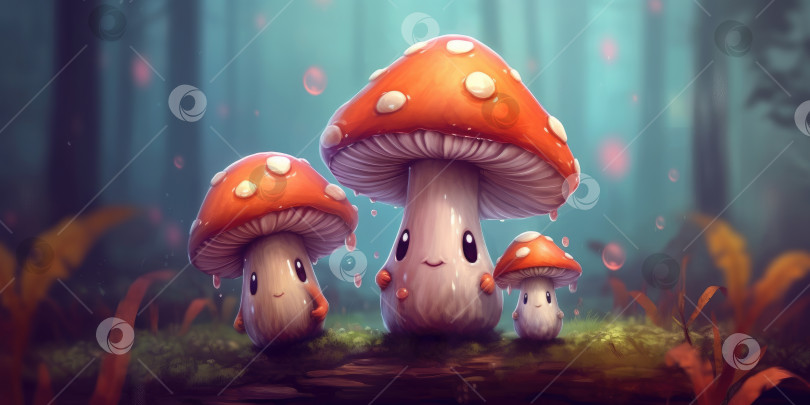 Скачать Иллюстрация забавных грибов в лесу. Сказочные грибы в стране фантазий, лесной пейзаж. Порождающий искусственный интеллект фотосток Ozero