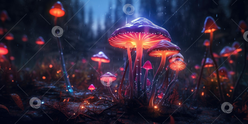 Скачать Иллюстрация неоновых грибов в лесу. Сказочные грибы в стране фантазий, лесной пейзаж. Порождающий искусственный интеллект фотосток Ozero