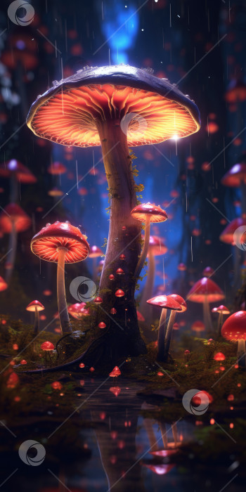 Скачать Иллюстрация неоновых грибов в лесу. Сказочные грибы в стране фантазий, лесной пейзаж. Порождающий искусственный интеллект фотосток Ozero