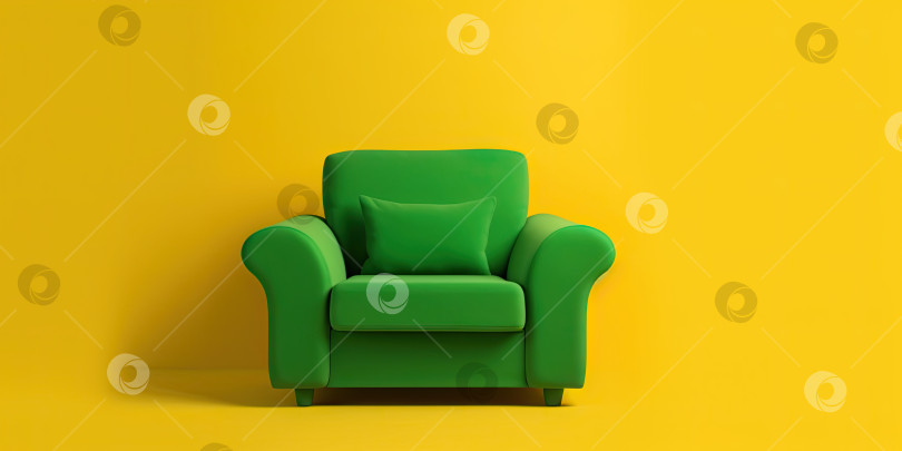 Скачать Зеленое кресло на желтом фоне. Минимализм. Место для текста. Порождающий искусственный интеллект фотосток Ozero