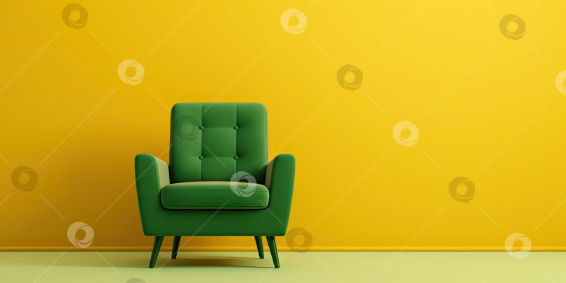 Скачать Зеленое кресло на желтом фоне. Минимализм. Место для текста. Порождающий искусственный интеллект фотосток Ozero