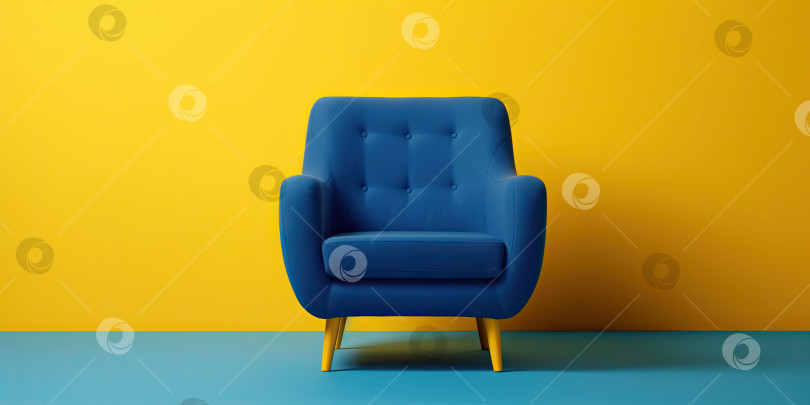 Скачать Синее кресло на желтом фоне. Минимализм. Место для текста. Порождающий искусственный интеллект фотосток Ozero