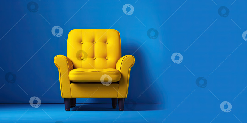 Скачать Желтое кресло на синем фоне. Минимализм. Место для текста. Порождающий искусственный интеллект фотосток Ozero