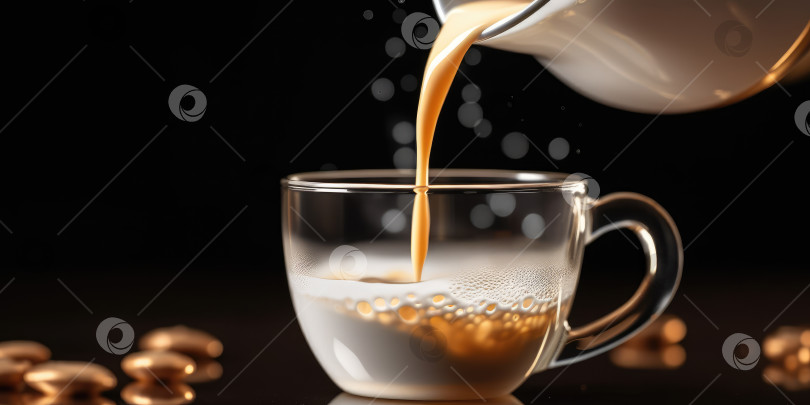 Скачать Чашка кофе с молоком на столе крупным планом. Брызги кофе и молока. Порождающий искусственный интеллект фотосток Ozero